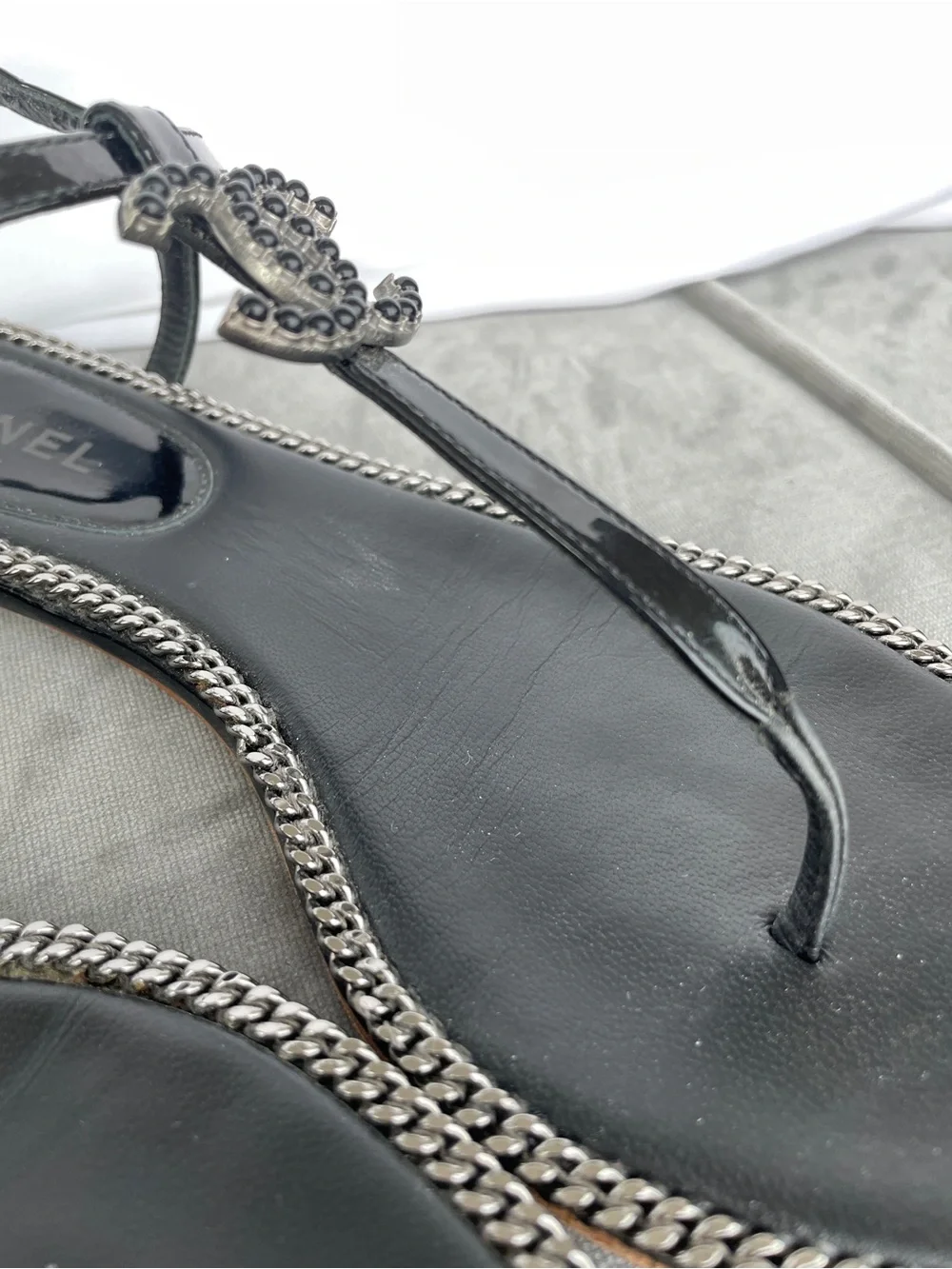 Chanel Black Chain-Trim Thong Sandals Embellished CC Logo & Silver Chains Detail